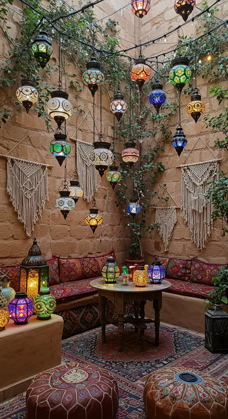 Patio oriental avec de nombreuses lanternes suspendues en verre coloré et motifs mosaïques.