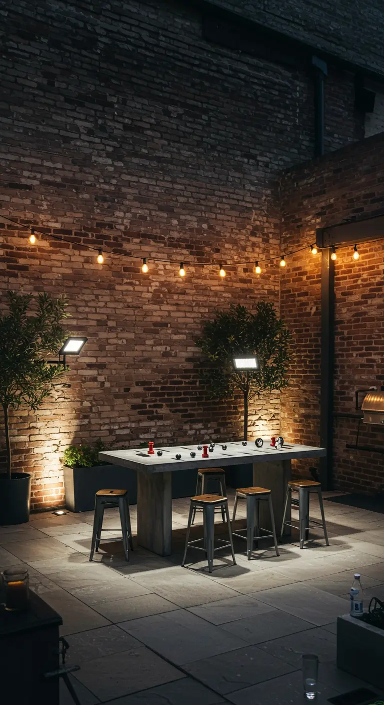 Patio industriel avec mur de briques, projecteurs, guirlandes, table en béton et tabourets métalliques.