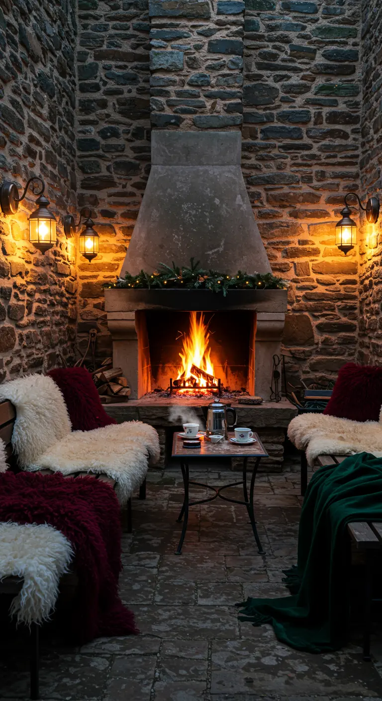 Cheminée extérieure en pierre avec bancs douillets et lanternes chaleureuses.