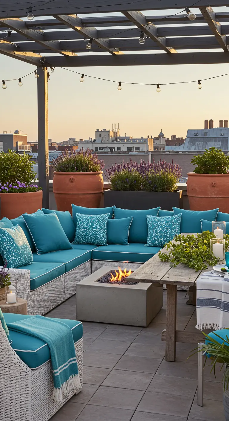Terrasse sur le toit avec un salon de jardin bleu lagon, un brasero moderne et des pots de lavande.