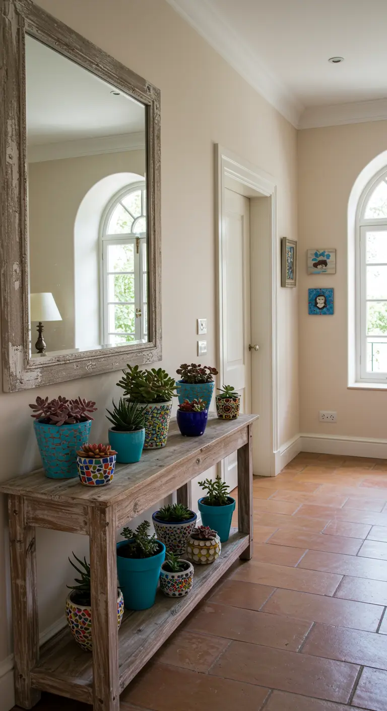 Console en bois rustique avec un grand miroir et des pots bleus et mosaïques de plantes grasses.