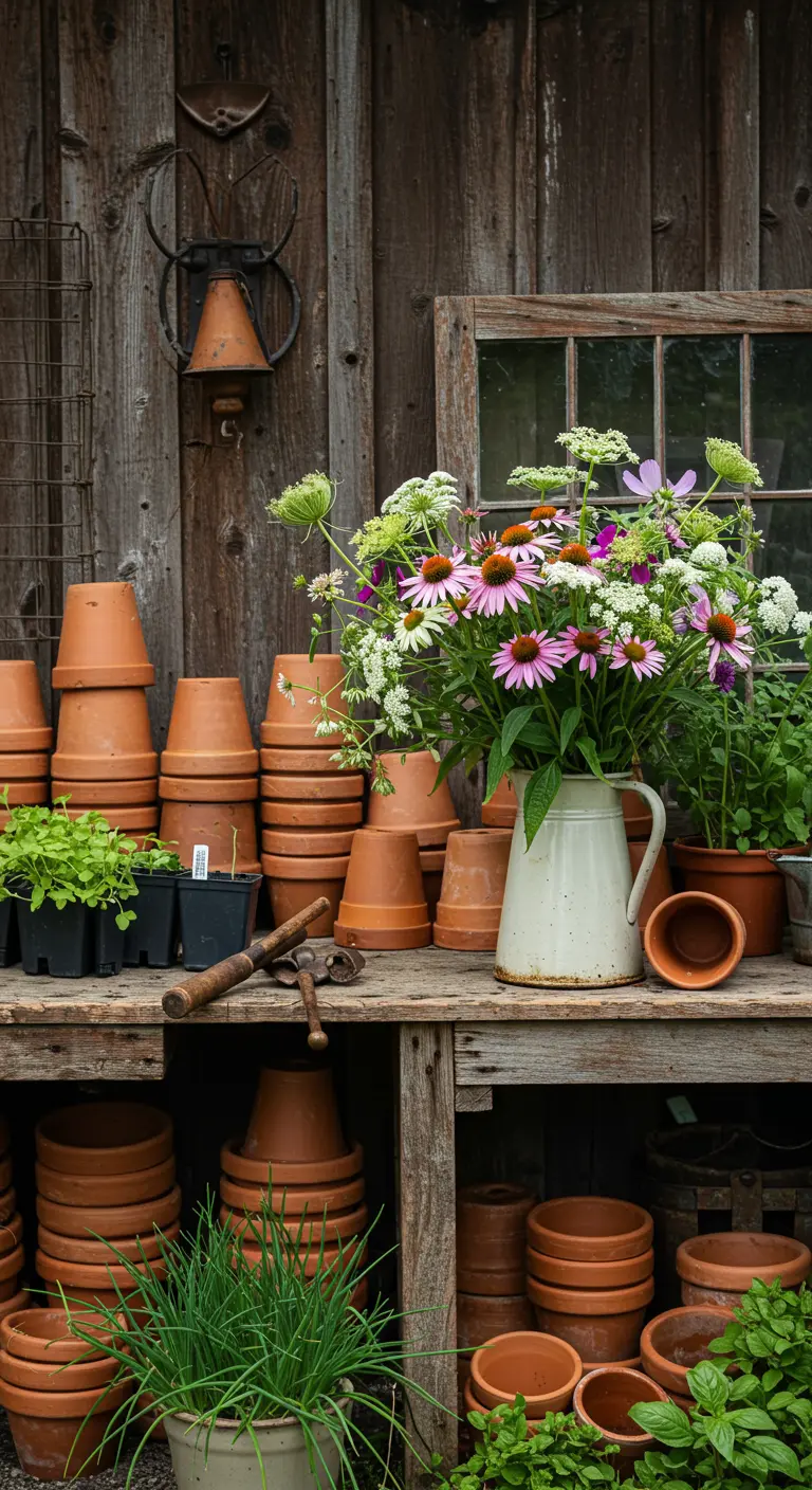 Étagères en bois sous un abri avec des piles de pots en terre cuite et un bouquet de fleurs sauvages dans un pichet.