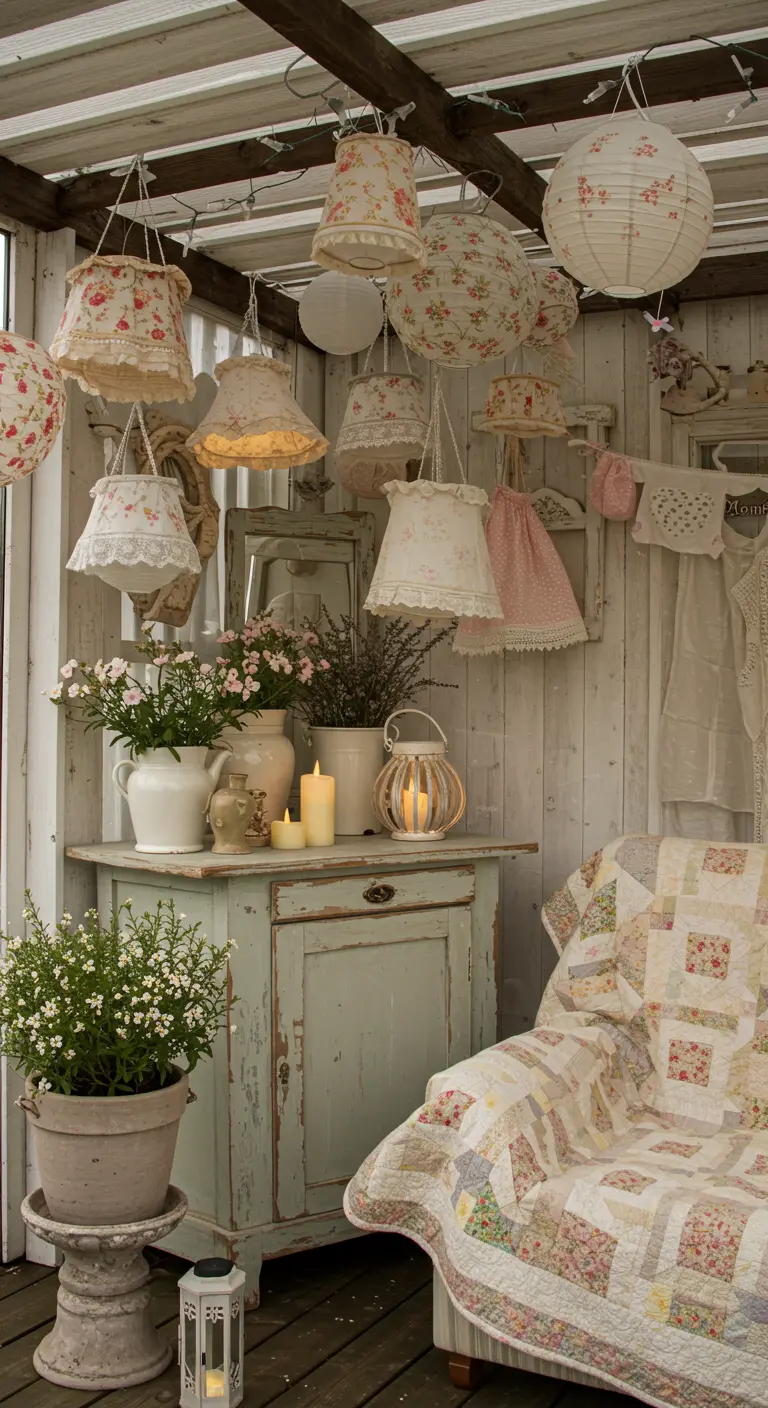 Terrasse style shabby chic avec lampions en tissu fleuri, commode patinée, plaid patchwork et bougies.
