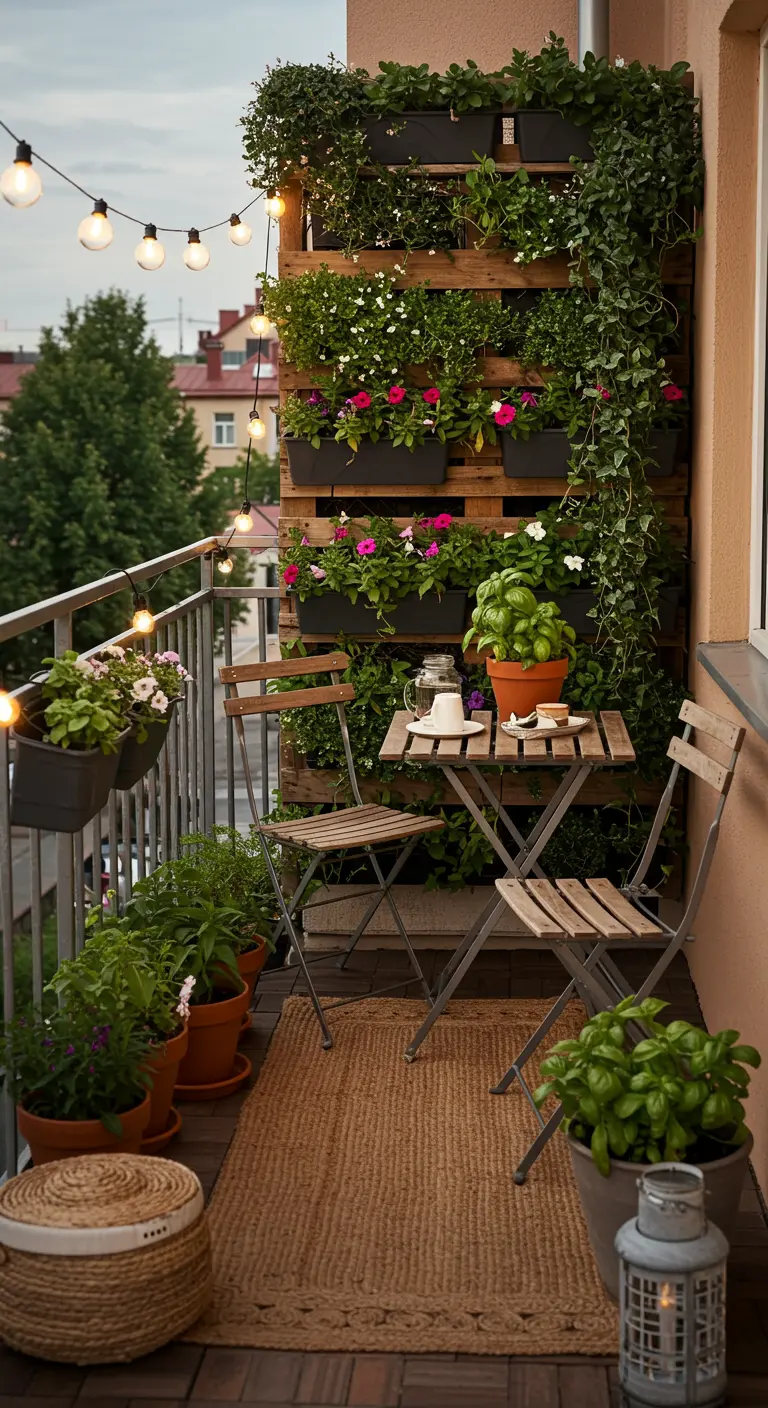 Balcon cosy avec mur végétal en palettes fleuries et guirlande lumineuse.