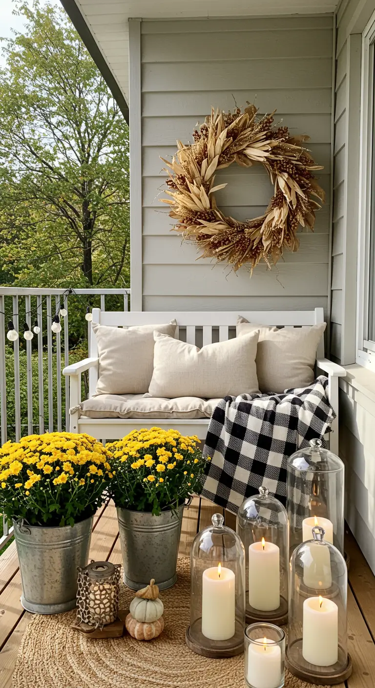Balcon avec banc blanc, chrysanthèmes, bougies sous cloche et couronne de blé séché.