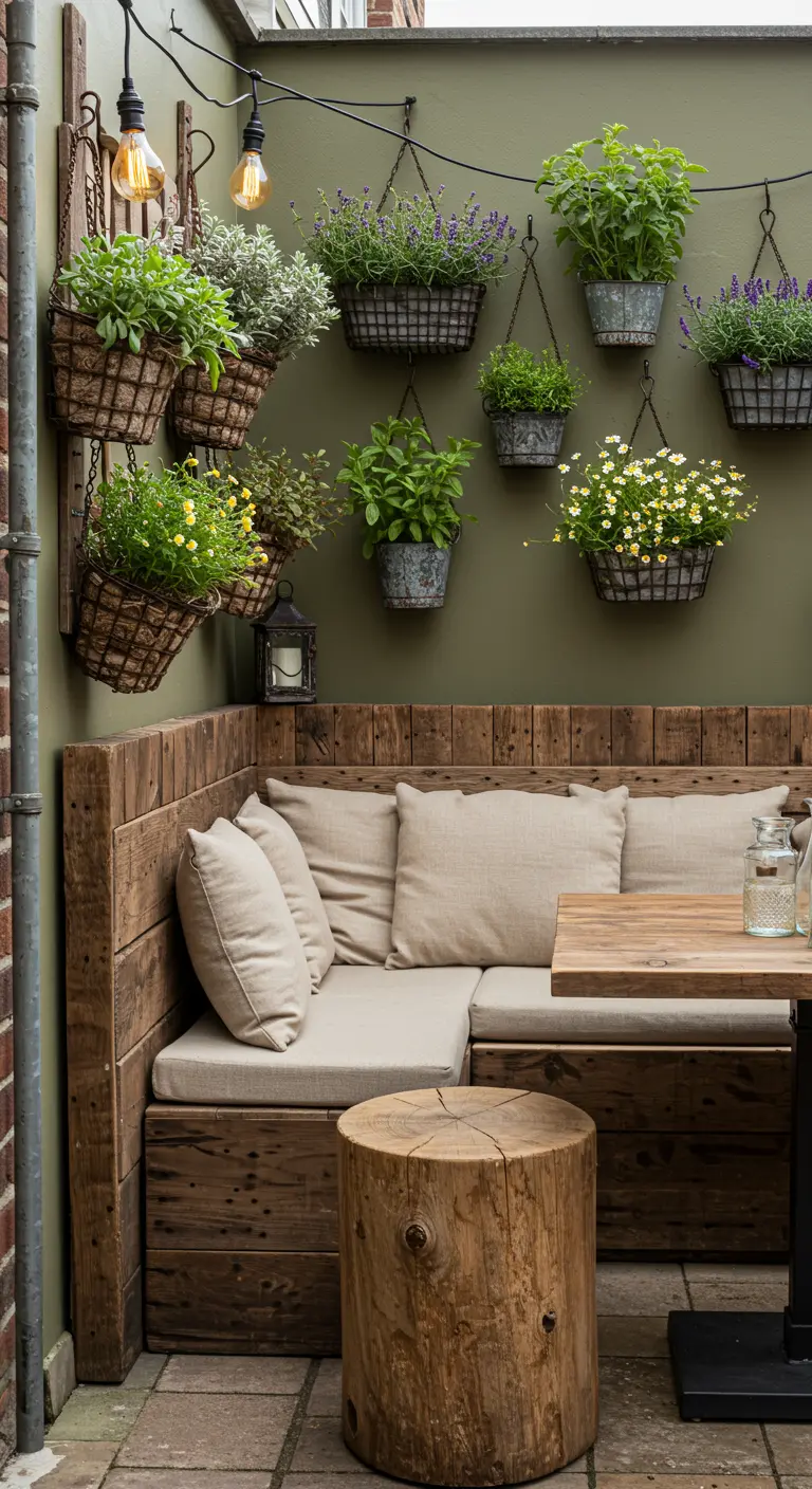 Coin rustique avec banquette en palettes, coussins clairs, paniers d'herbes suspendus et table tronc d'arbre.
