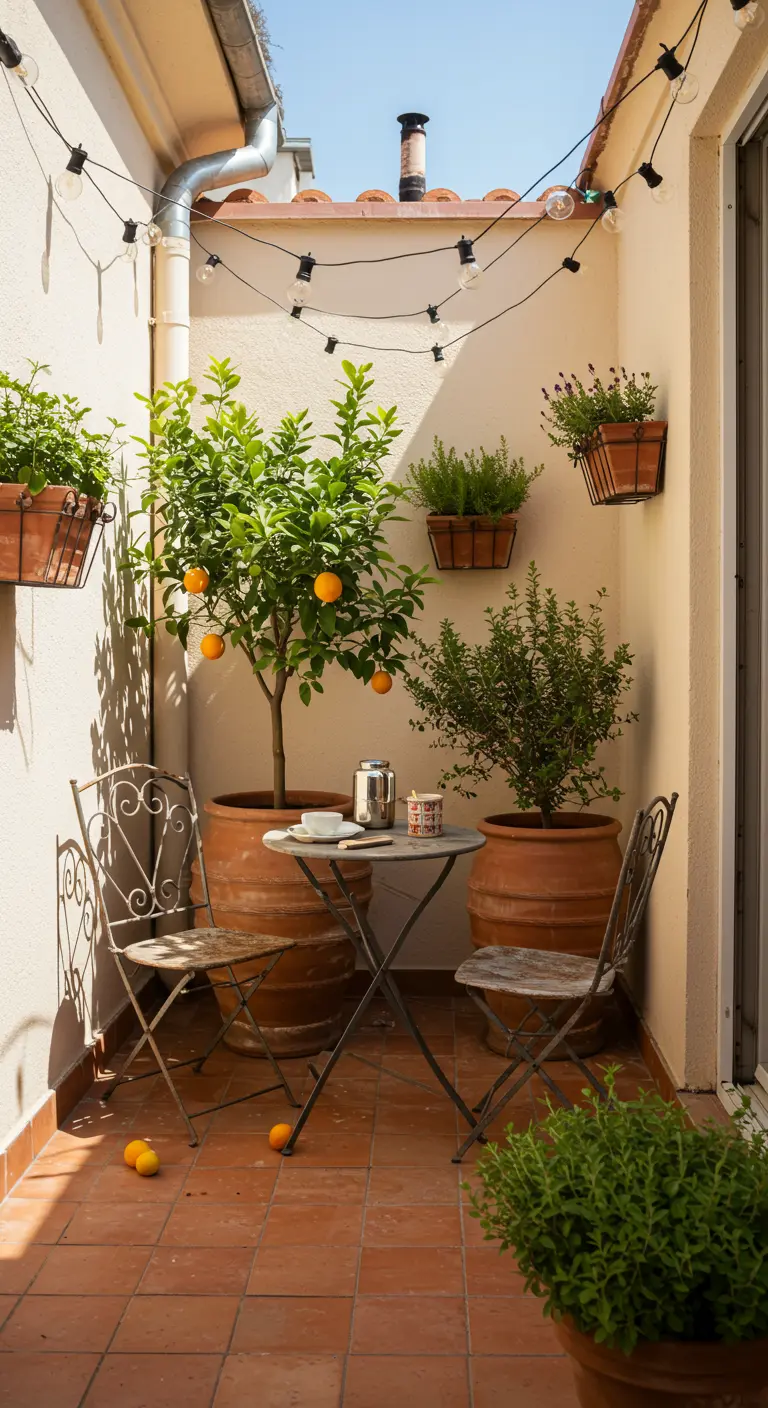 Petite terrasse ensoleillée avec carreaux de terre cuite, mobilier bistro et agrumes en pot.