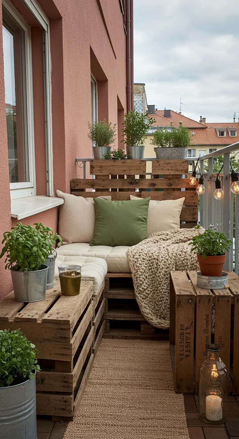 Balcon avec salon en palettes, caisses en bois, guirlande lumineuse et herbes en pots.