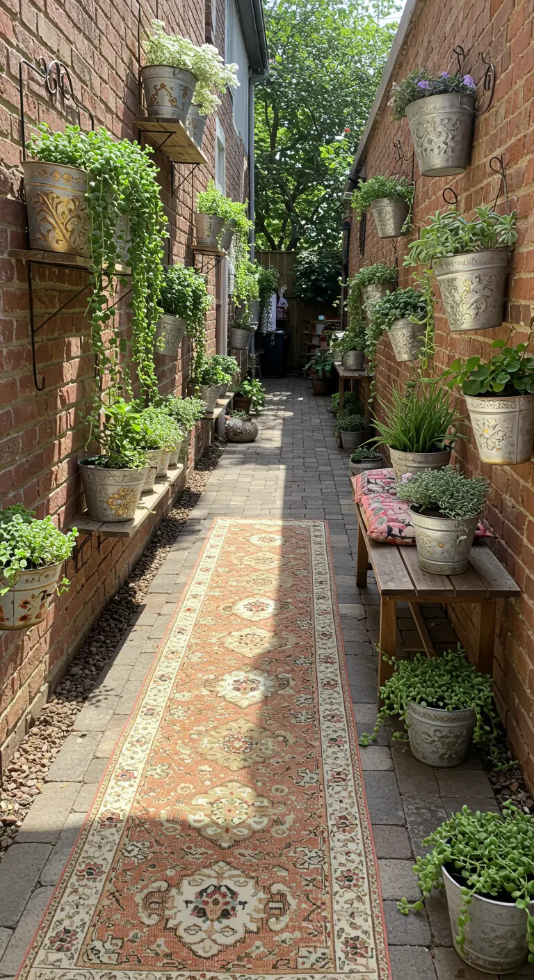 Allée étroite avec tapis persan, murs de briques, pots en métal et plantes retombantes.