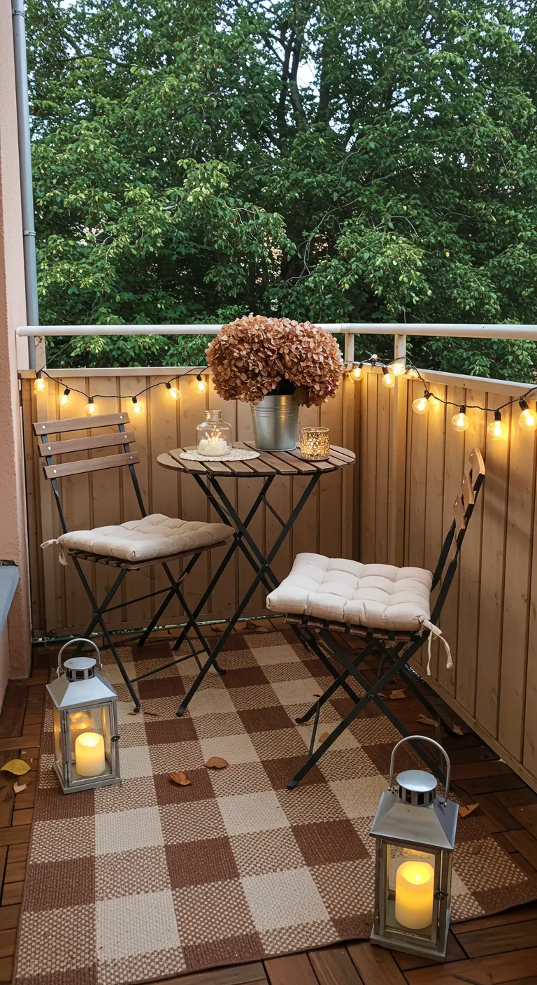 Balcon avec tapis à damier, ensemble bistrot, hortensias séchés et lanternes.