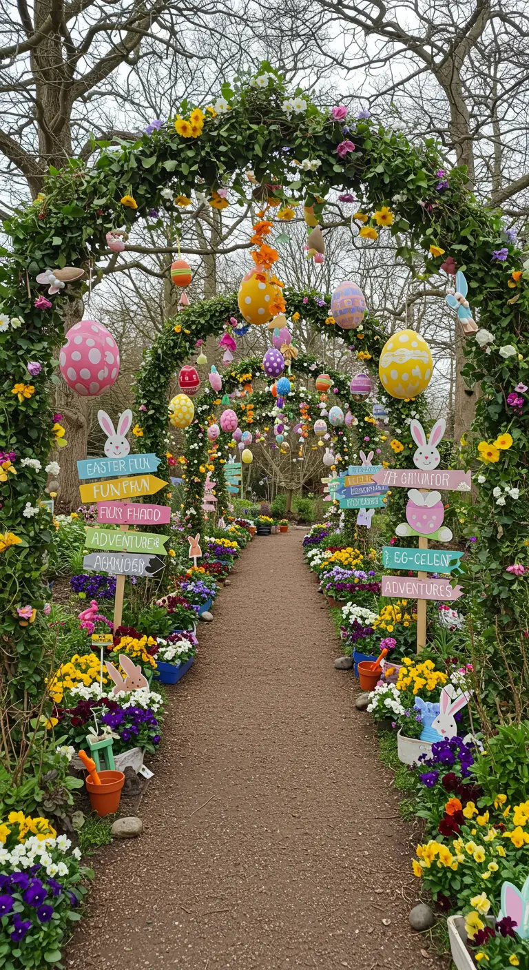 Allée de jardin festive décorée d'arches fleuries, œufs géants suspendus et panneaux ludiques de Pâques.