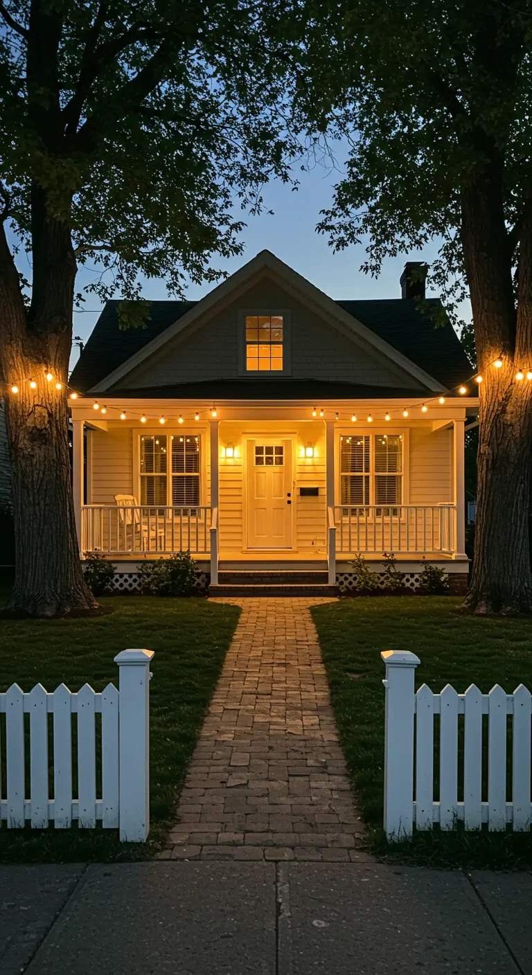 Maison avec porche éclairé par des guirlandes, un chemin pavé et des arbres bordant le chemin illuminés.