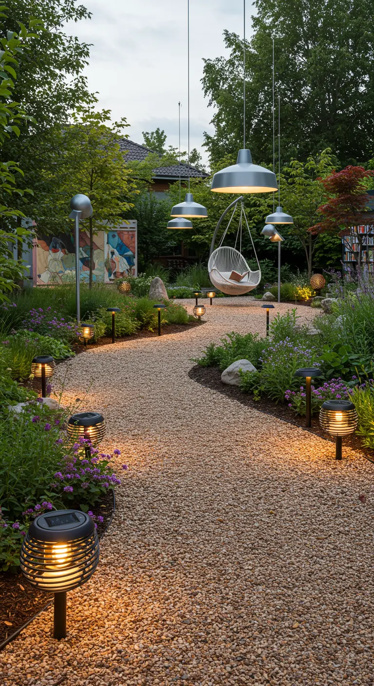 Chemin de jardin en gravier avec lampadaires et suspensions métalliques.
