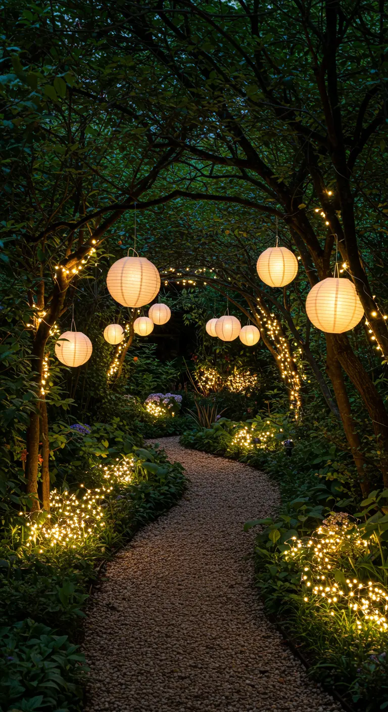 Chemin de jardin éclairé par des lampions blancs et de nombreuses guirlandes lumineuses.