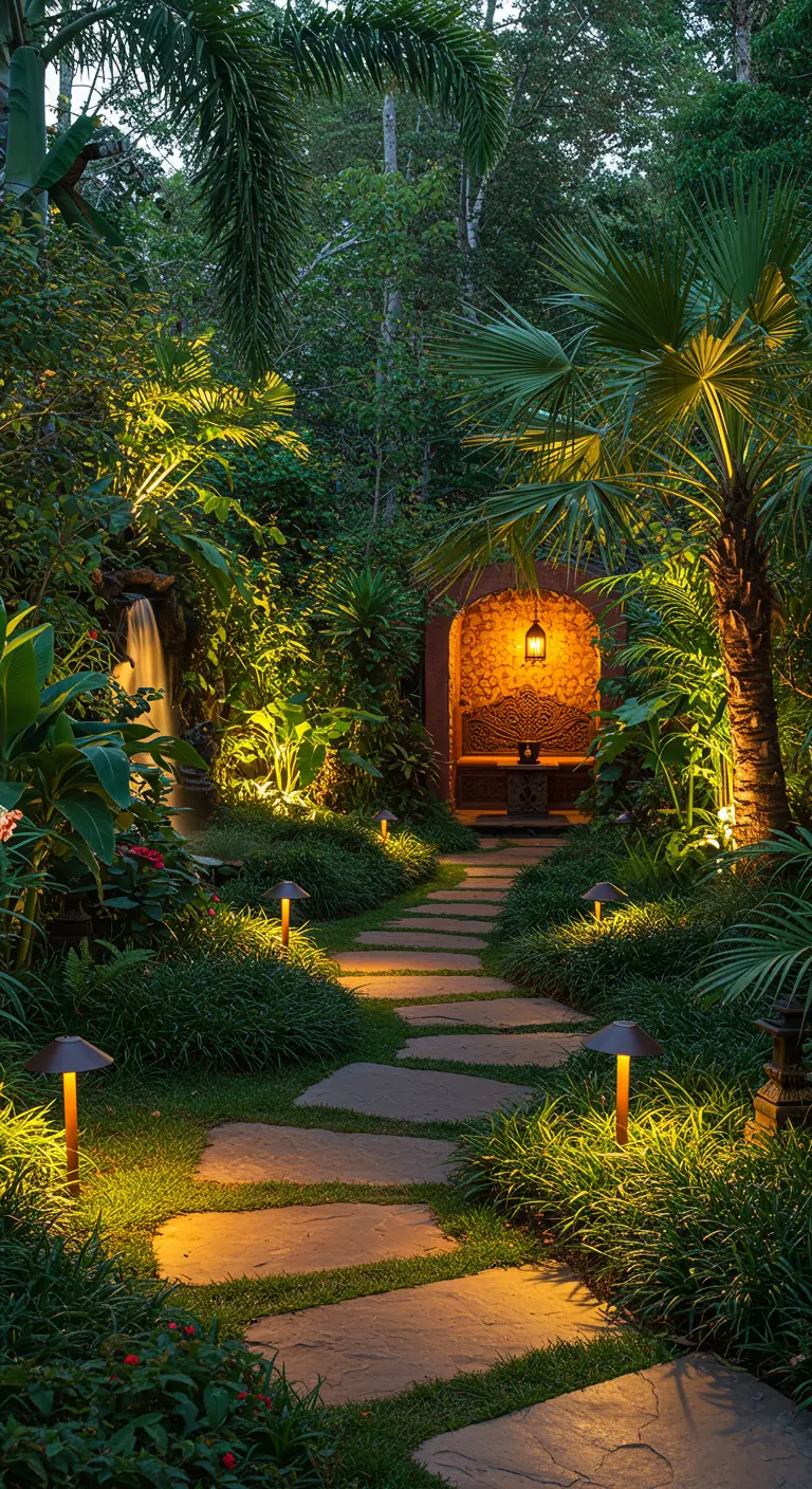 Allée de jardin luxuriante bordée de plantes éclairées par des spots et des bornes lumineuses.