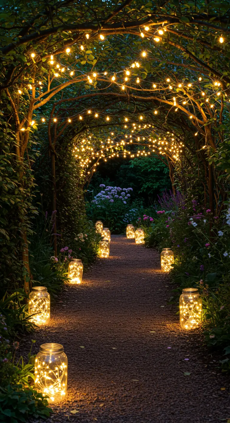 Chemin de jardin sinueux encadré d'arches de verdure et illuminé par des guirlandes aériennes et des bocaux lumineux au sol.