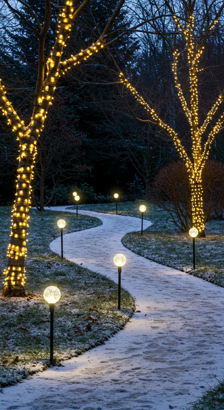 Allée enneigée bordée de globes lumineux sur piquets et d'arbres aux troncs illuminés de guirlandes.