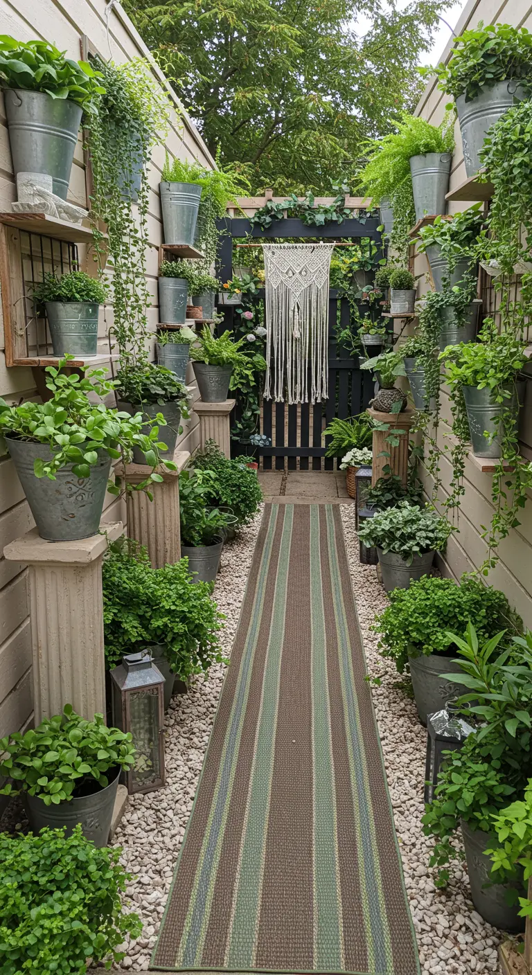 Allée verdoyante avec étagères, pots en métal, plantes retombantes, tapis rayé et macramé.