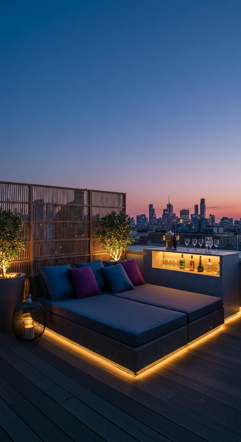 Toit-terrasse moderne avec un grand daybed, un bar intégré, un brise-vue en rotin et des lumières LED.