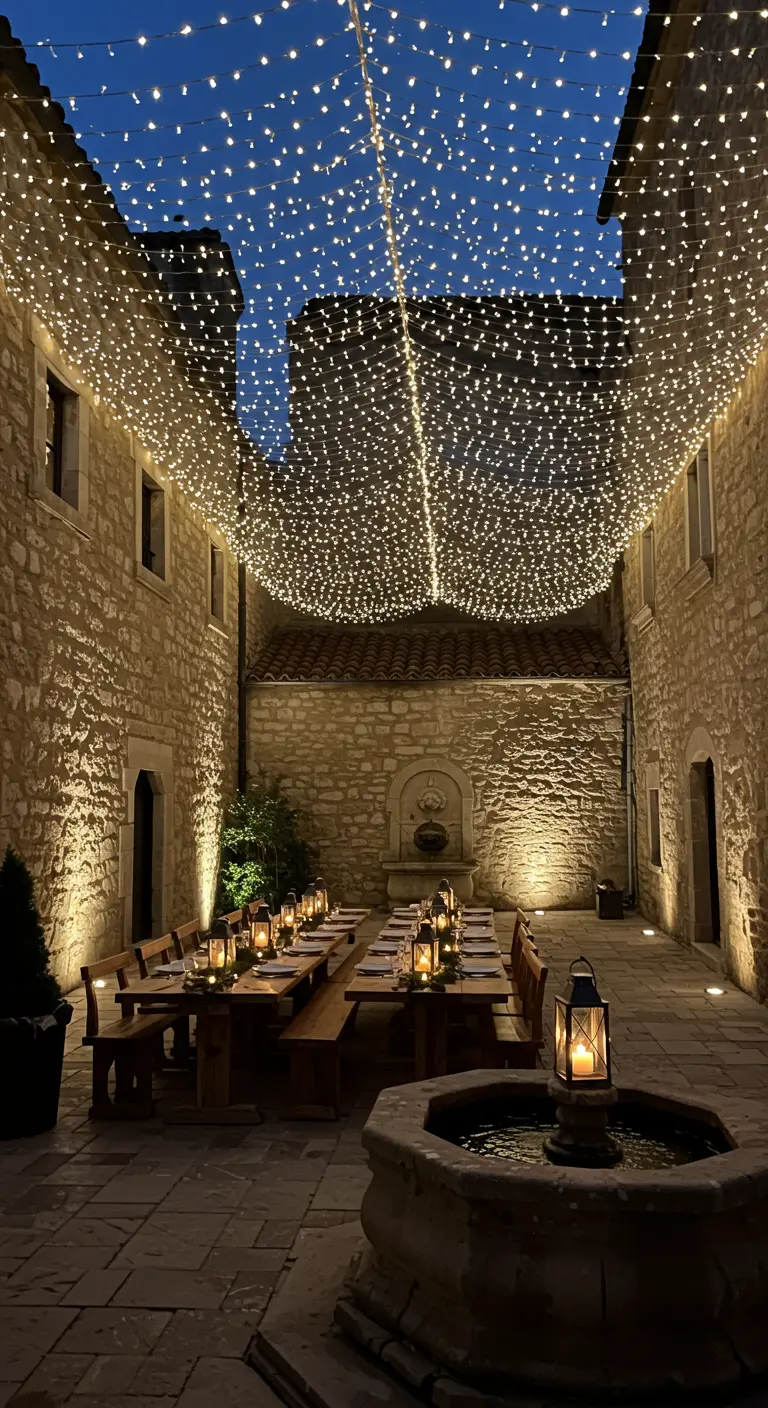 Cour intérieure en pierre avec un ciel de micro-guirlandes lumineuses suspendues au-dessus d'une longue table de réception.