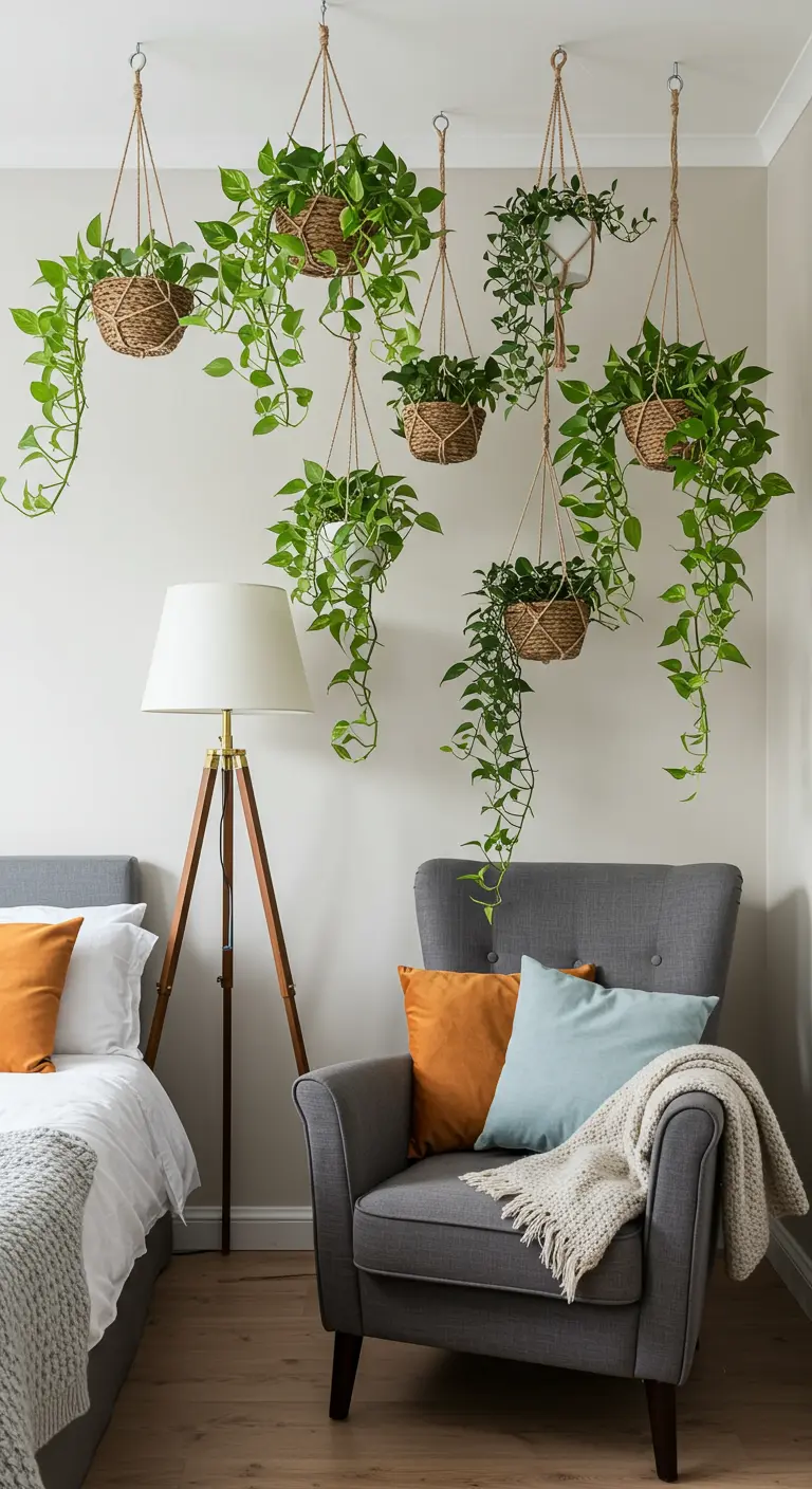 Coin salon avec fauteuil, entouré de nombreux pots suspendus en macramé et paniers tressés remplis de plantes.