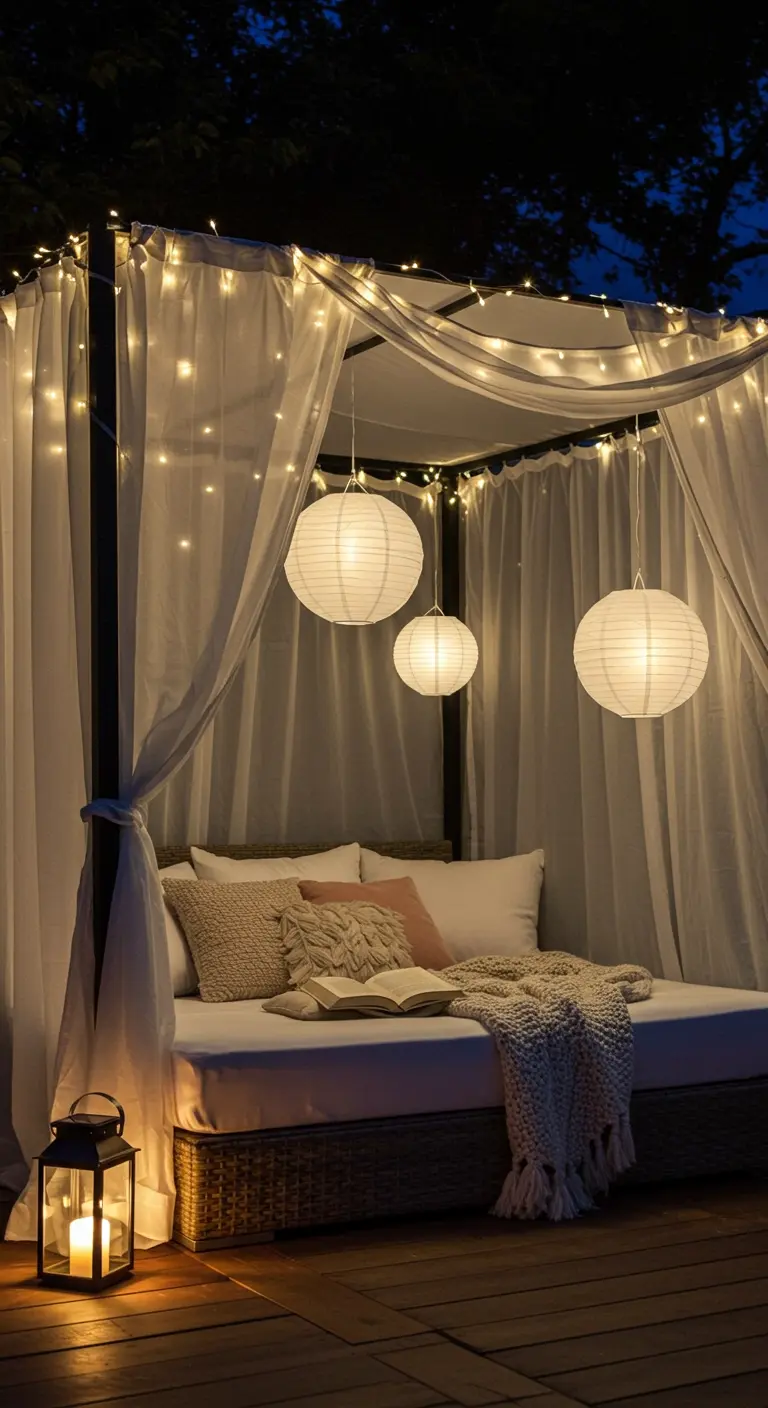 Lit de repos extérieur sous une pergola, avec des rideaux blancs et des lampions lumineux.