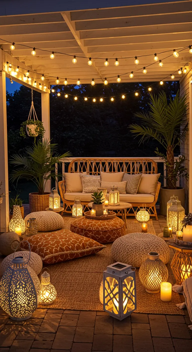 Patio bohème avec guirlandes, coussins et lanternes solaires créant une ambiance chaleureuse.