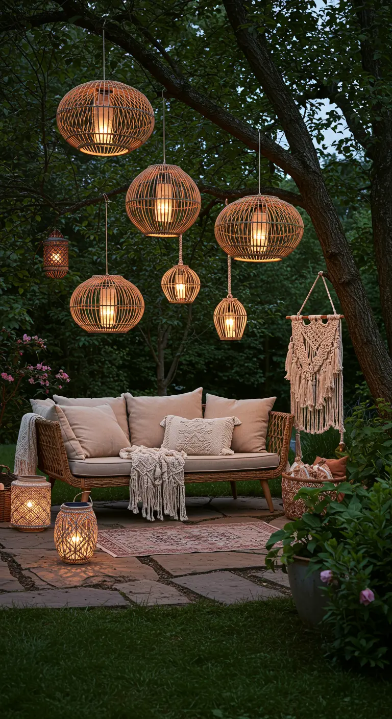 Rattan lanterns suspendues au-dessus d'un canapé extérieur bohème avec macramé mural.