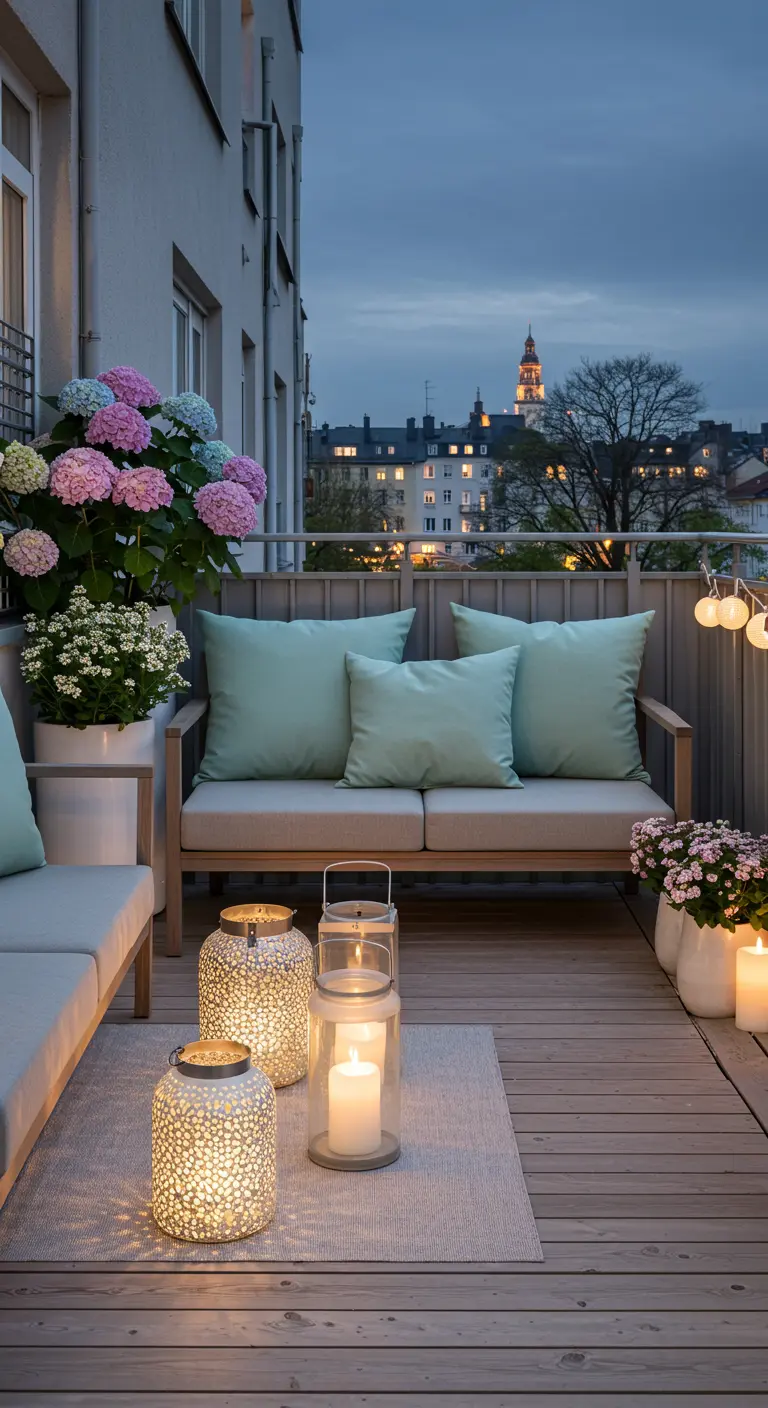 Balcon cosy le soir avec canapé gris, coussins menthe, lanternes lumineuses et guirlande d'ampoules.