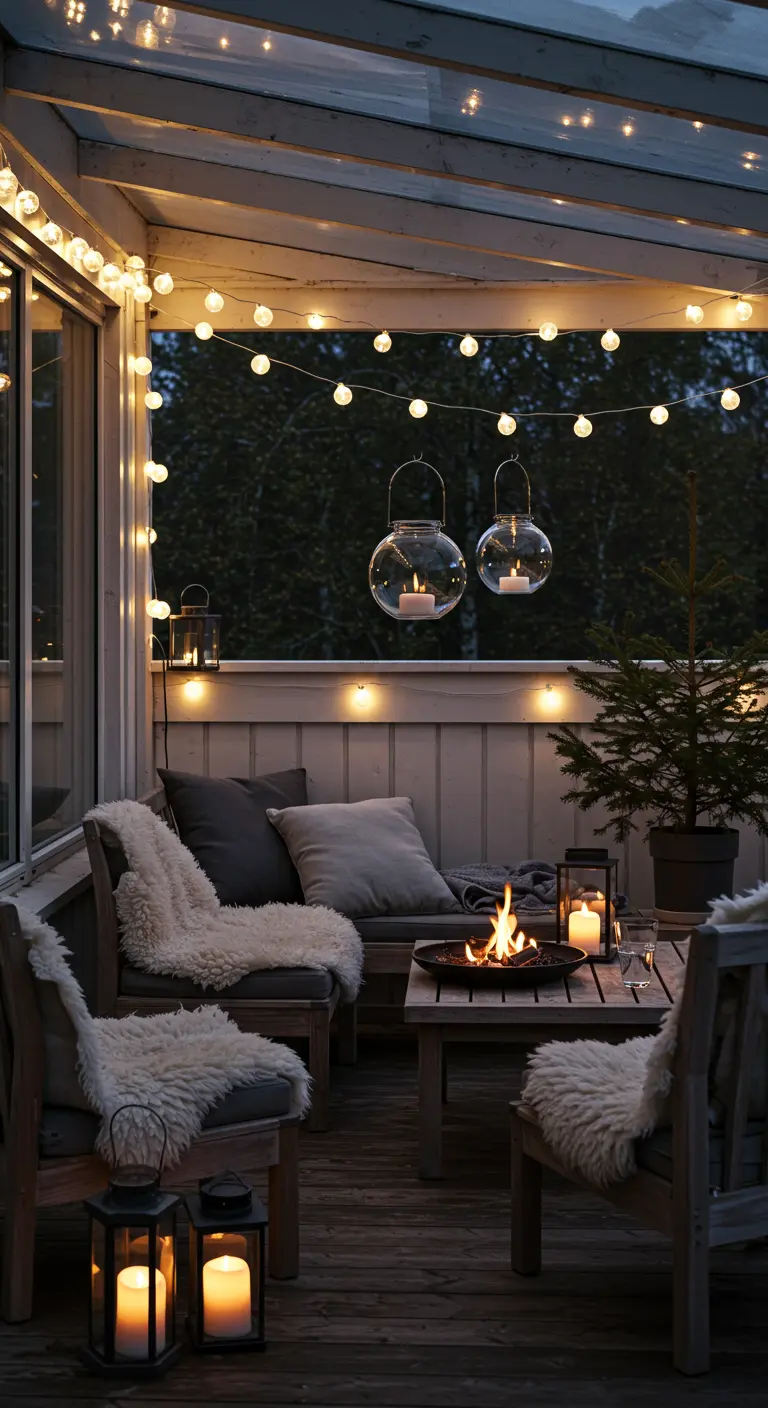 Véranda cosy avec guirlandes LED, suspensions en verre, brasero de table et mobilier en bois avec plaids.