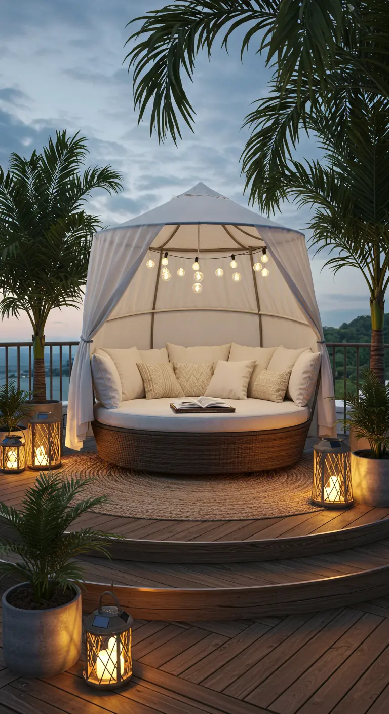 Daybed rond sous canopée, palmiers, lanternes ajourées et guirlandes lumineuses, ambiance de rêve.
