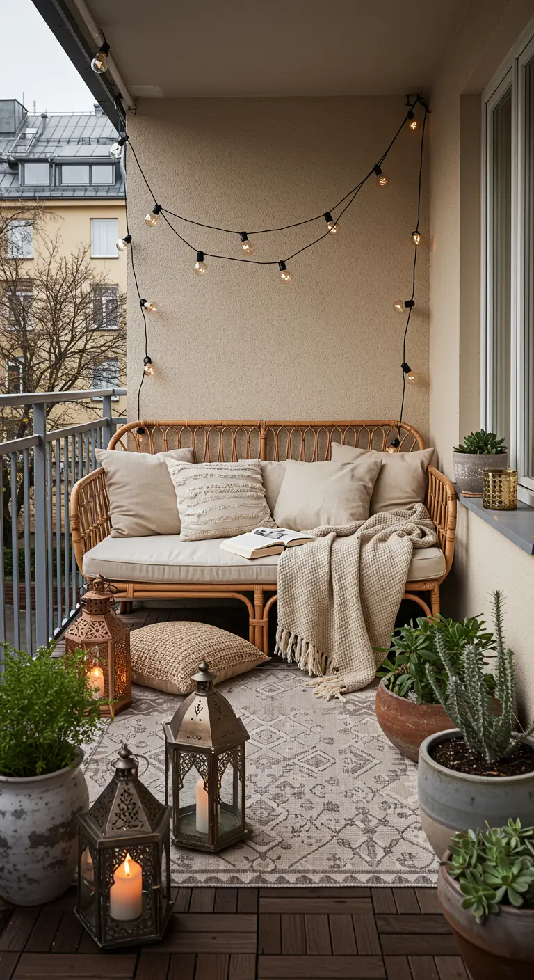 Balcon cosy avec canapé en rotin, coussins, guirlandes lumineuses, tapis et lanternes au sol.