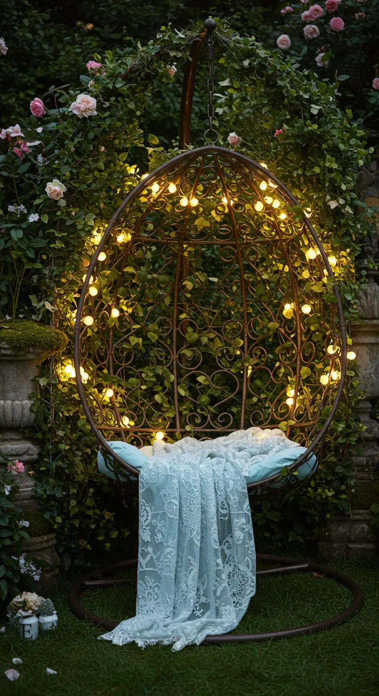 Fauteuil œuf en métal intégré dans un mur de lierre et de roses, avec guirlandes et plaid en dentelle.