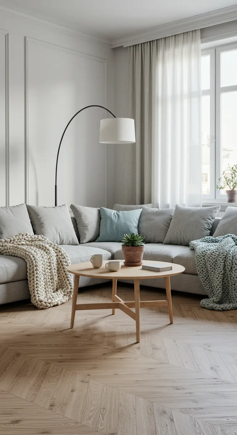 Salon scandinave avec grand canapé d'angle gris, plaids tricotés, table basse bois clair et lampadaire arqué.