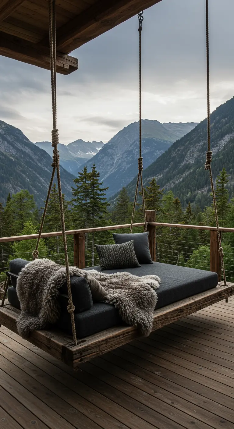 Un lit de jour suspendu en bois avec plaids en fourrure et coussins sombres, sur une terrasse avec vue sur les montagnes.