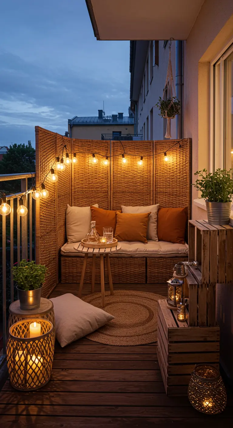 Balcon cosy aménagé avec un paravent en rotin, un canapé, des guirlandes lumineuses et des coussins.