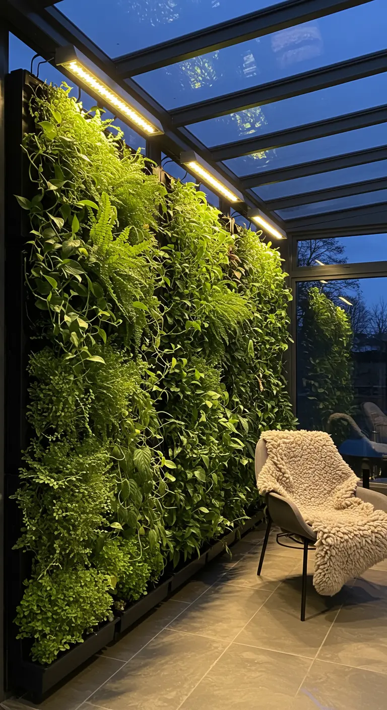 Véranda avec murs végétaux, éclairage LED, fauteuil confortable avec peau de mouton.
