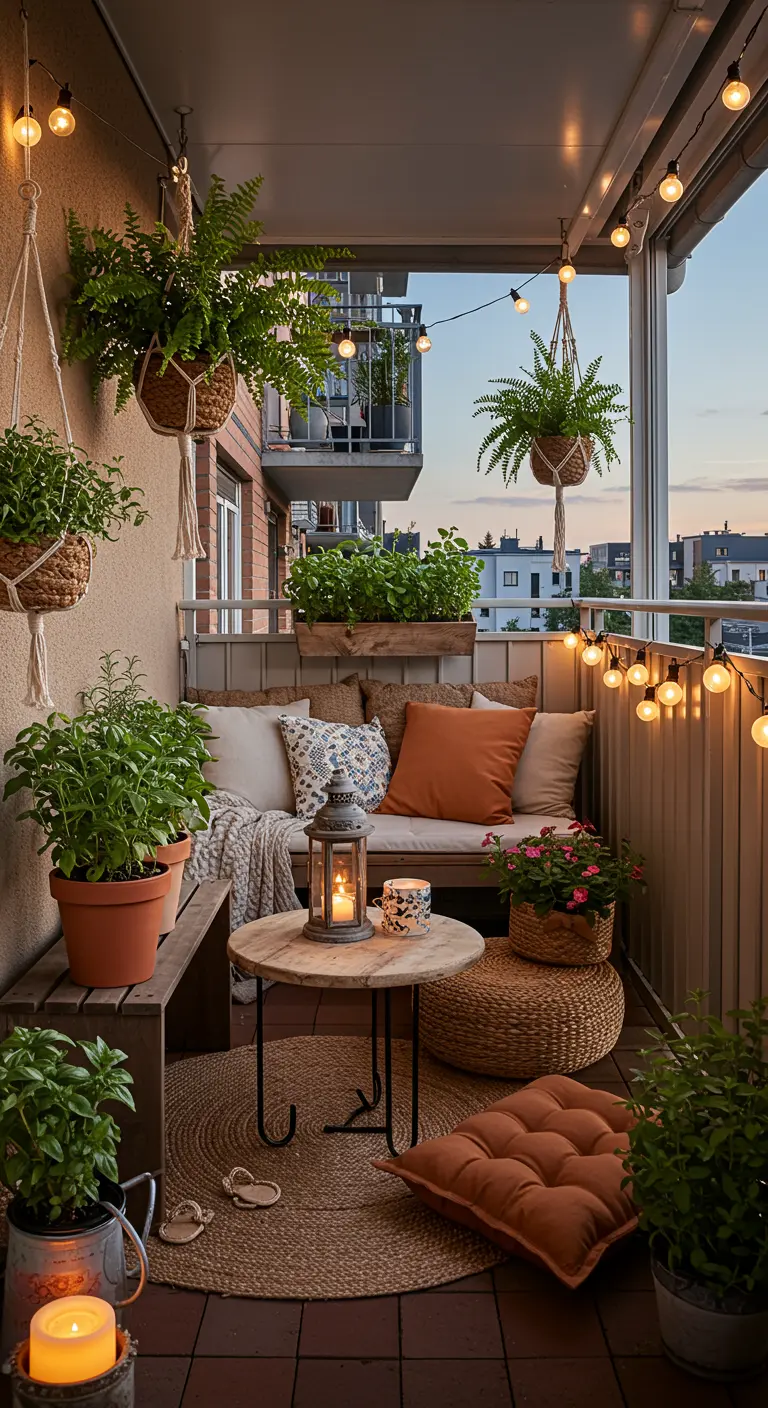 Balcon cosy avec fougères suspendues, herbes en pot, guirlandes lumineuses et coussins moelleux.