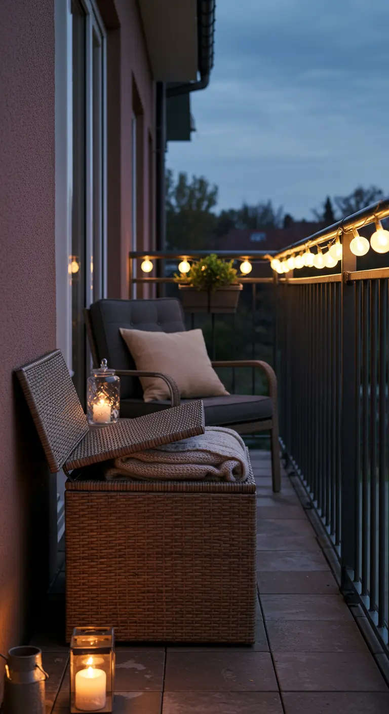 Balcon au crépuscule avec un coffre de rangement tressé, une guirlande lumineuse et des lanternes.