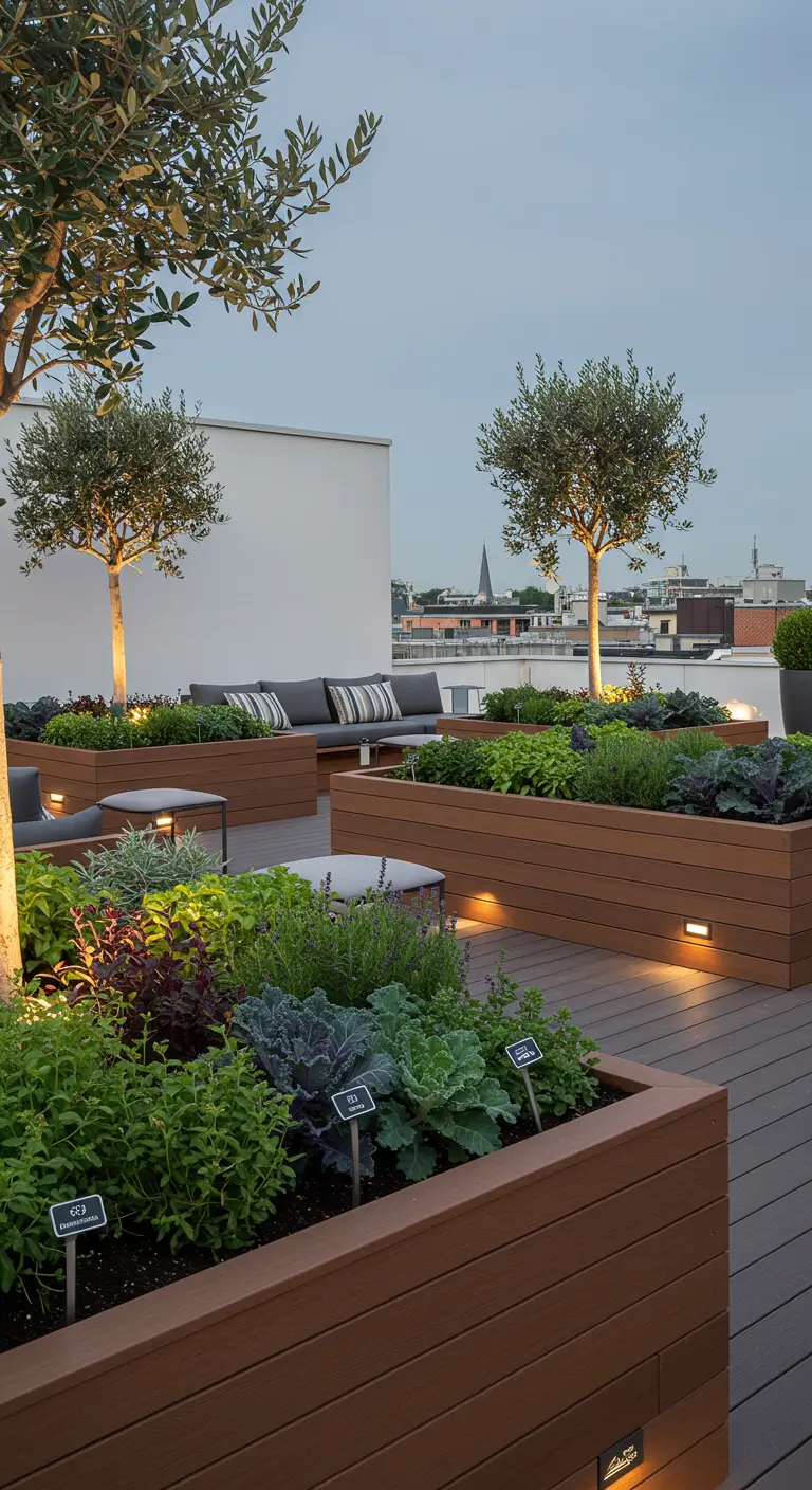 Jardinières modulables vert foncé avec agrumes et herbes dans un coin de patio.