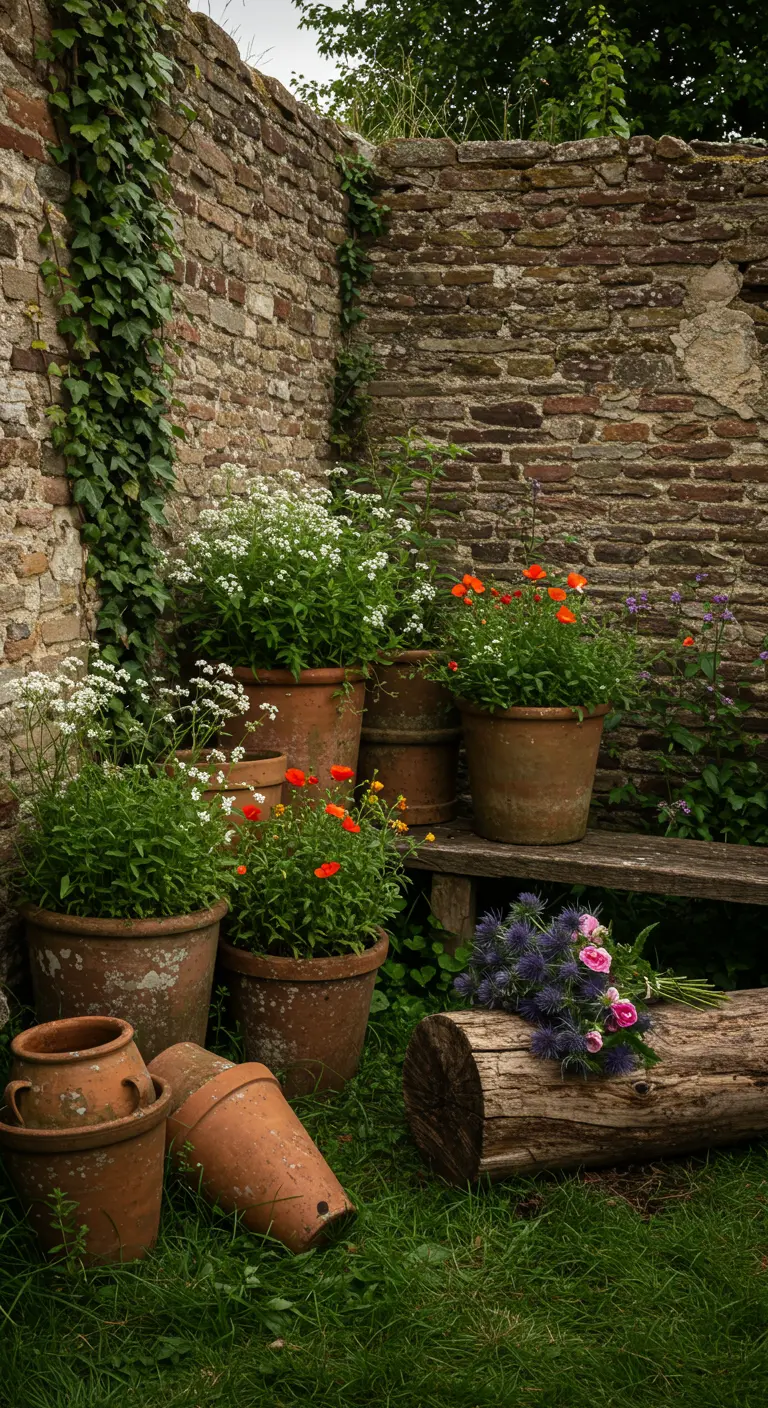 Coin de jardin avec un mur de pierres, un banc en bois et des pots de fleurs sauvages.