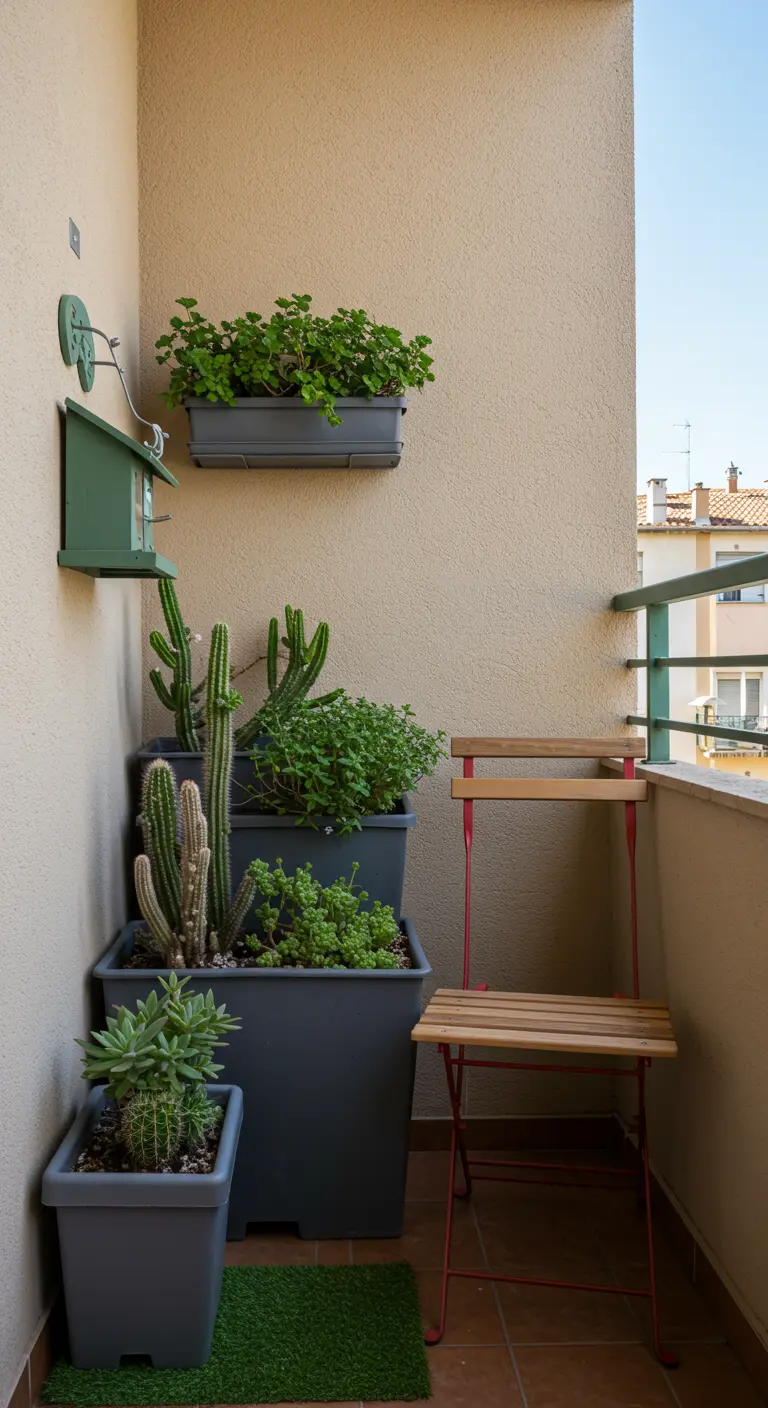 Petit balcon d'angle avec jardinières grises empilées de cactus, chaise pliante et nichoir.