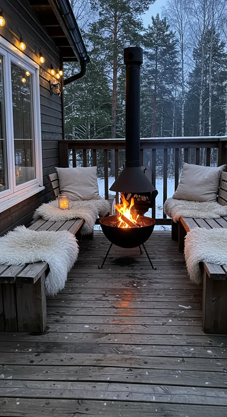 Deck en bois avec brasero, poêle extérieur, bancs en bois et fausse fourrure, guirlandes lumineuses dans la neige.