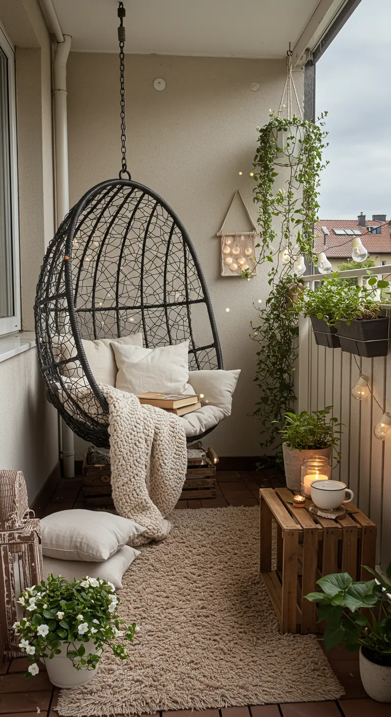 Balcon avec fauteuil œuf suspendu, plaid doux, tapis crème et guirlandes lumineuses