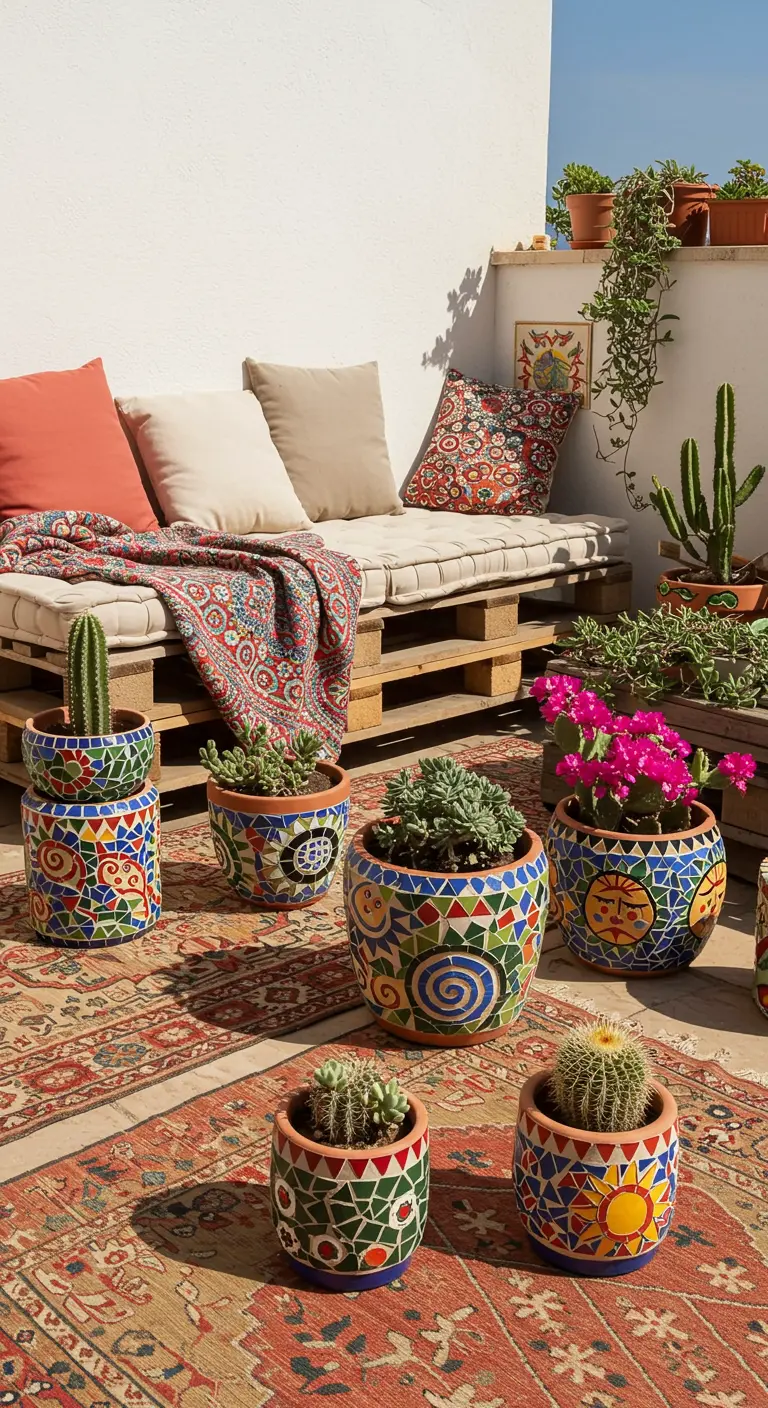 Patio avec canapé en palettes, tapis et pots mosaïque colorés remplis de succulentes et cactus variés.