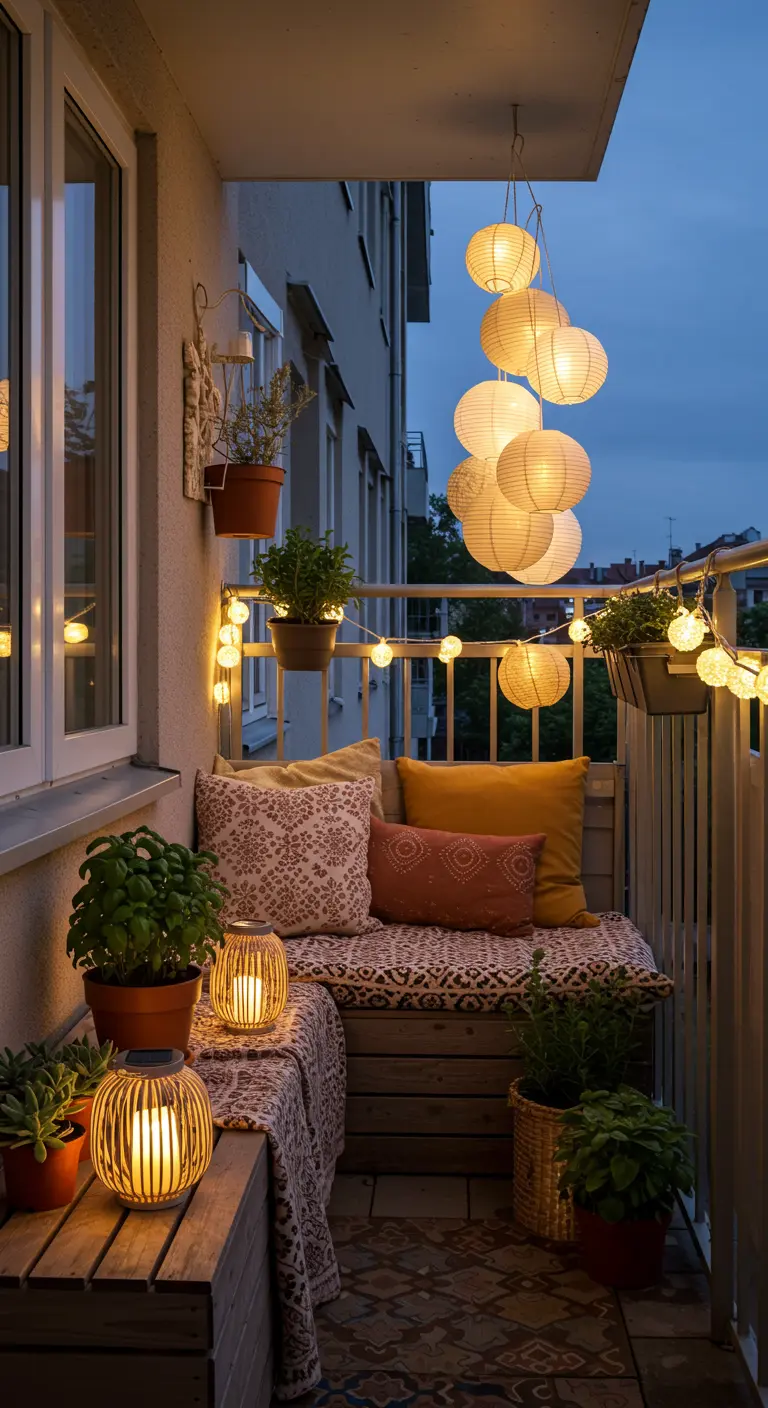 Balcon minimaliste avec banquette, lampions blancs suspendus, guirlande lumineuse et plantes.