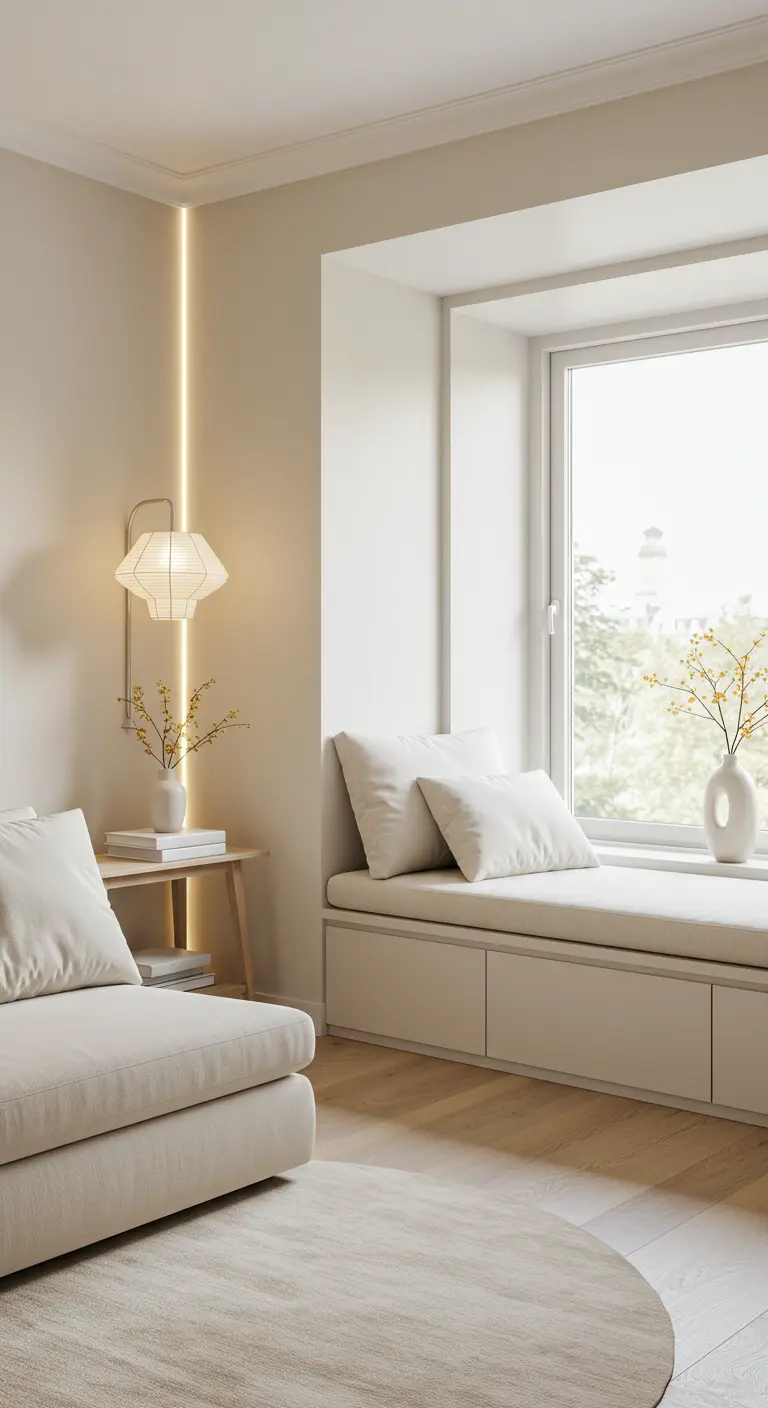 Banquette sous fenêtre avec rangements, coussins crème, applique murale, tapis rond, canapé.