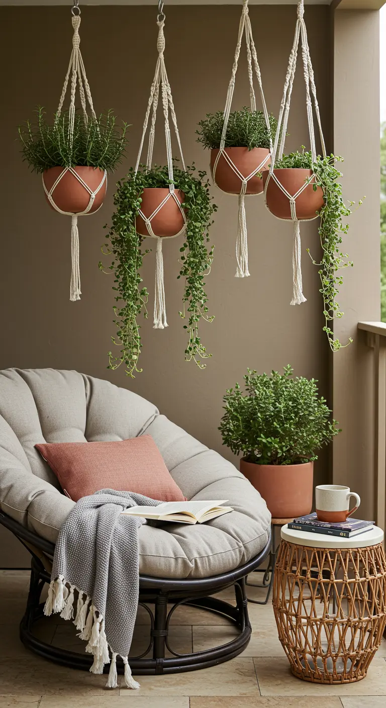 Coin lecture extérieur avec fauteuil Papasan, plaid, table basse et pots suspendus de plantes aromatiques.