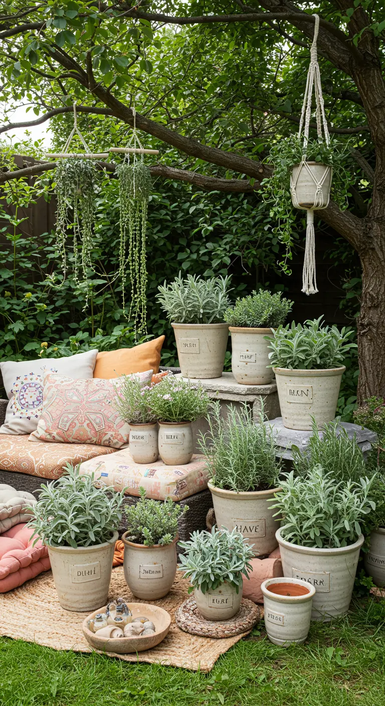 Coin jardin douillet avec de nombreux pots d'herbes aromatiques étiquetées et coussins.