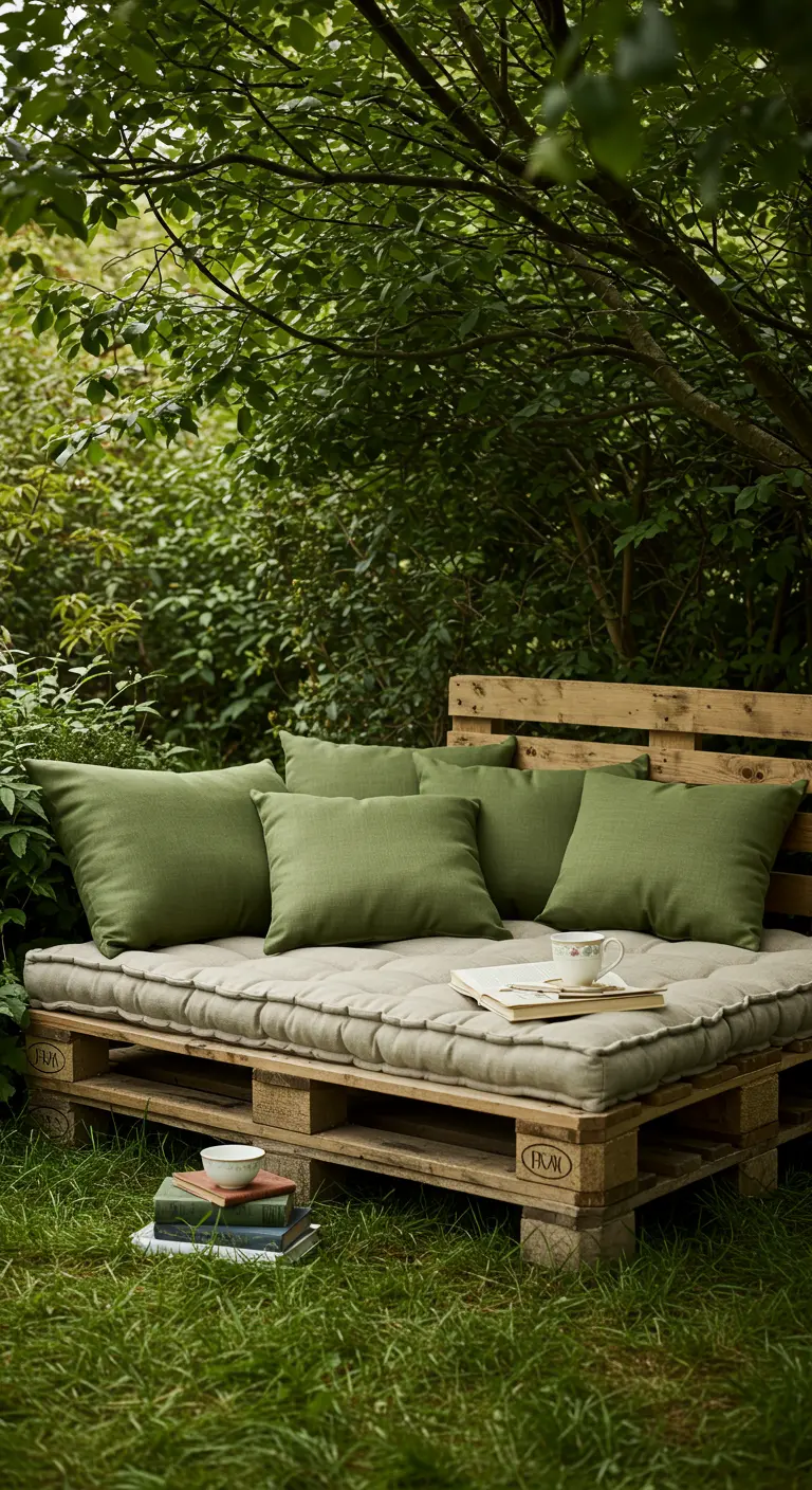 Banquet en palettes naturelle avec coussins verts, sous un arbre, idéal pour lire.